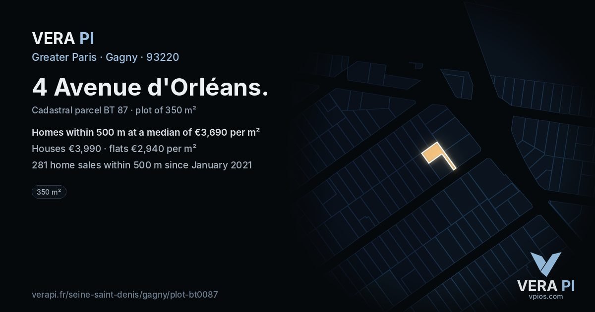 4 Avenue d'Orléans, Gagny at night – the plot lit, the parcels around coloured by the prices near them