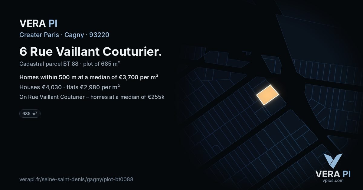 6 Rue Vaillant Couturier, Gagny at night – the plot lit, the parcels around coloured by the prices near them