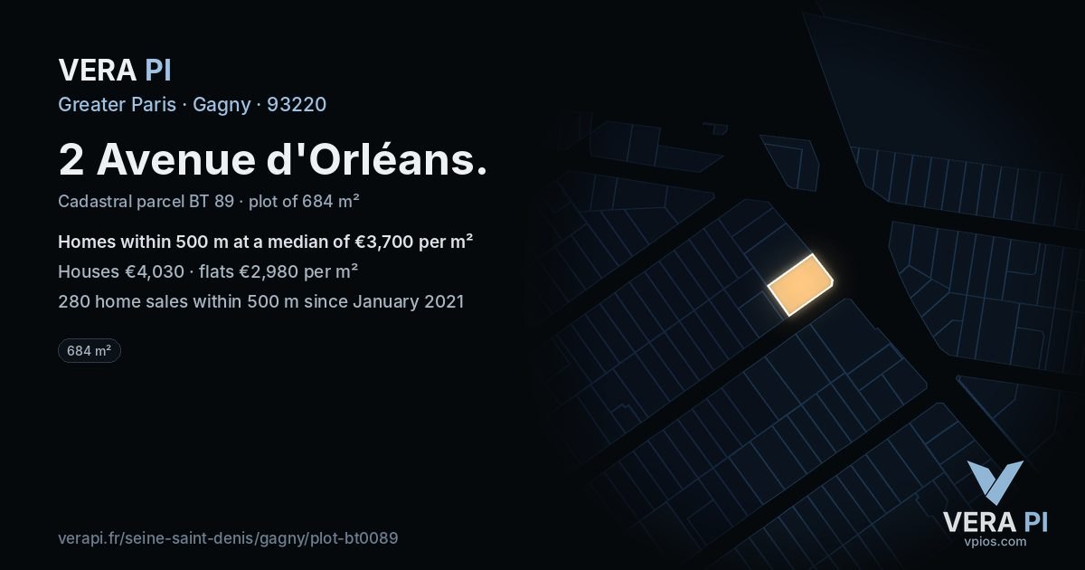 2 Avenue d'Orléans, Gagny at night – the plot lit, the parcels around coloured by the prices near them