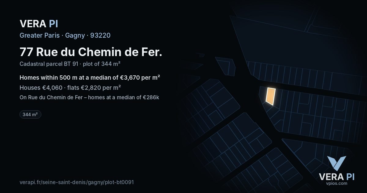 77 Rue du Chemin de Fer, Gagny at night – the plot lit, the parcels around coloured by the prices near them