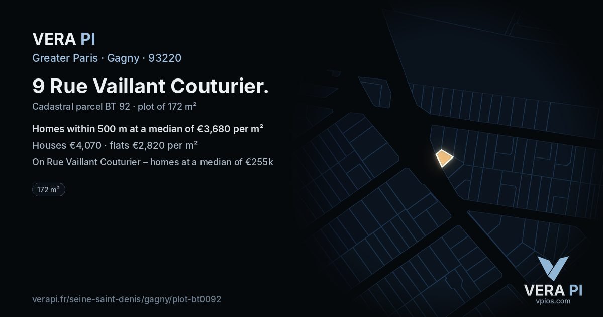 9 Rue Vaillant Couturier, Gagny at night – the plot lit, the parcels around coloured by the prices near them