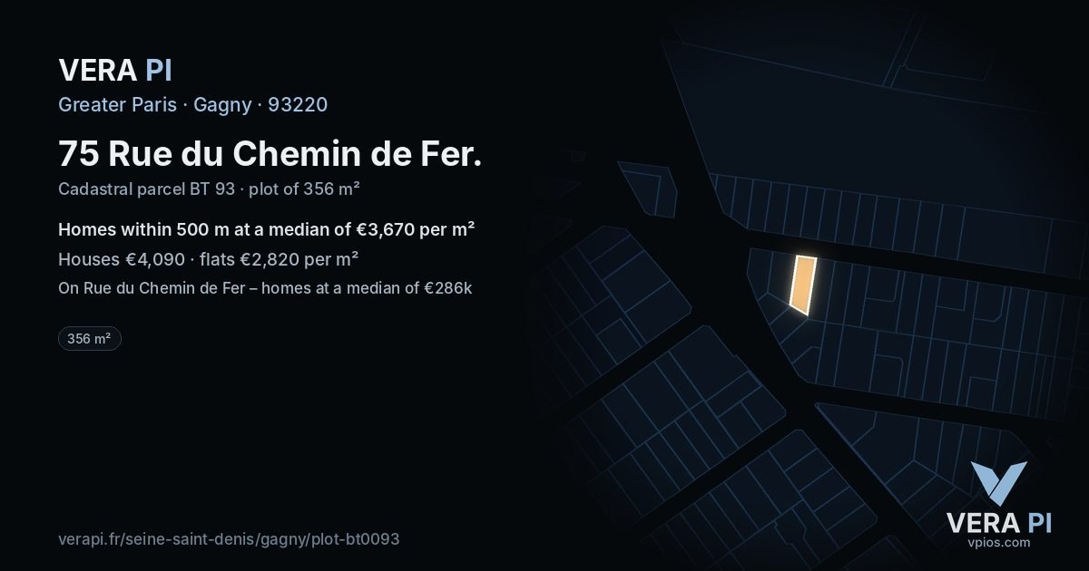 75 Rue du Chemin de Fer, Gagny at night – the plot lit, the parcels around coloured by the prices near them