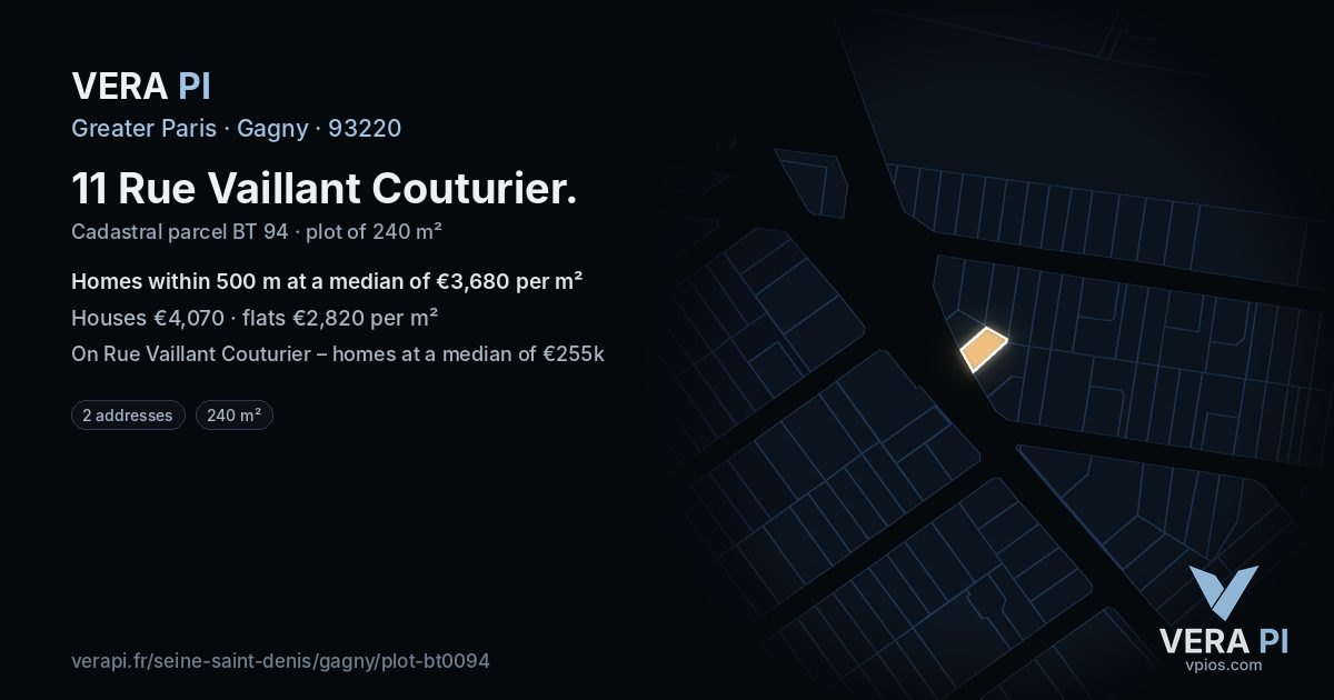 11 Rue Vaillant Couturier, Gagny at night – the plot lit, the parcels around coloured by the prices near them