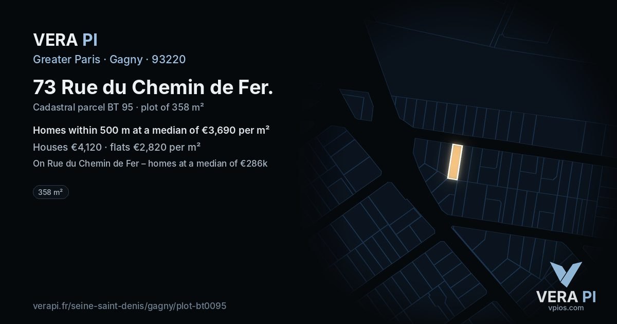 73 Rue du Chemin de Fer, Gagny at night – the plot lit, the parcels around coloured by the prices near them