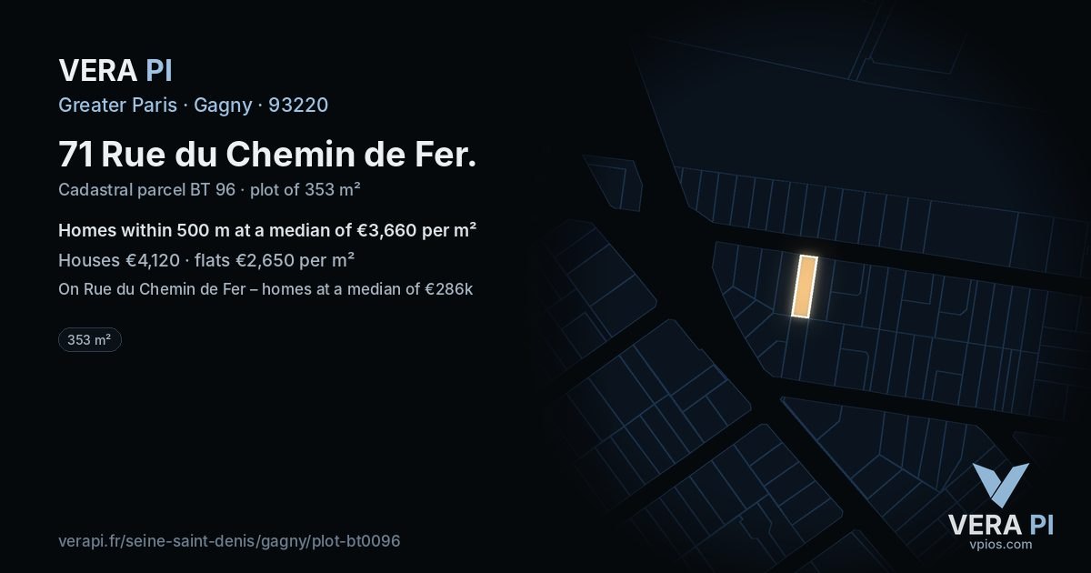 71 Rue du Chemin de Fer, Gagny at night – the plot lit, the parcels around coloured by the prices near them
