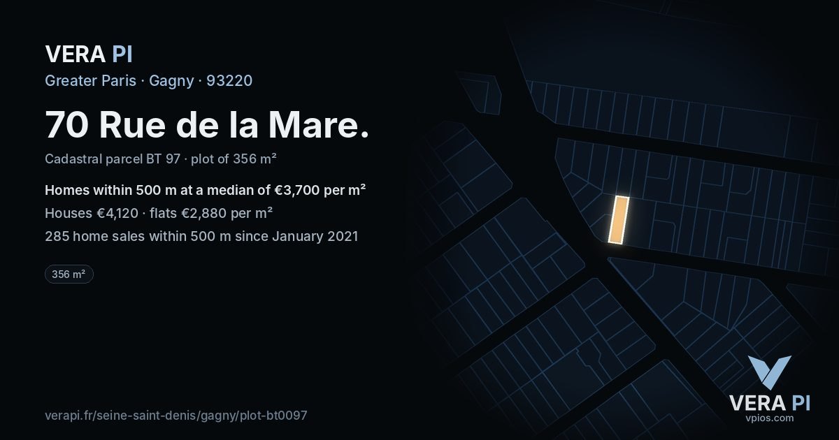 70 Rue de la Mare, Gagny at night – the plot lit, the parcels around coloured by the prices near them