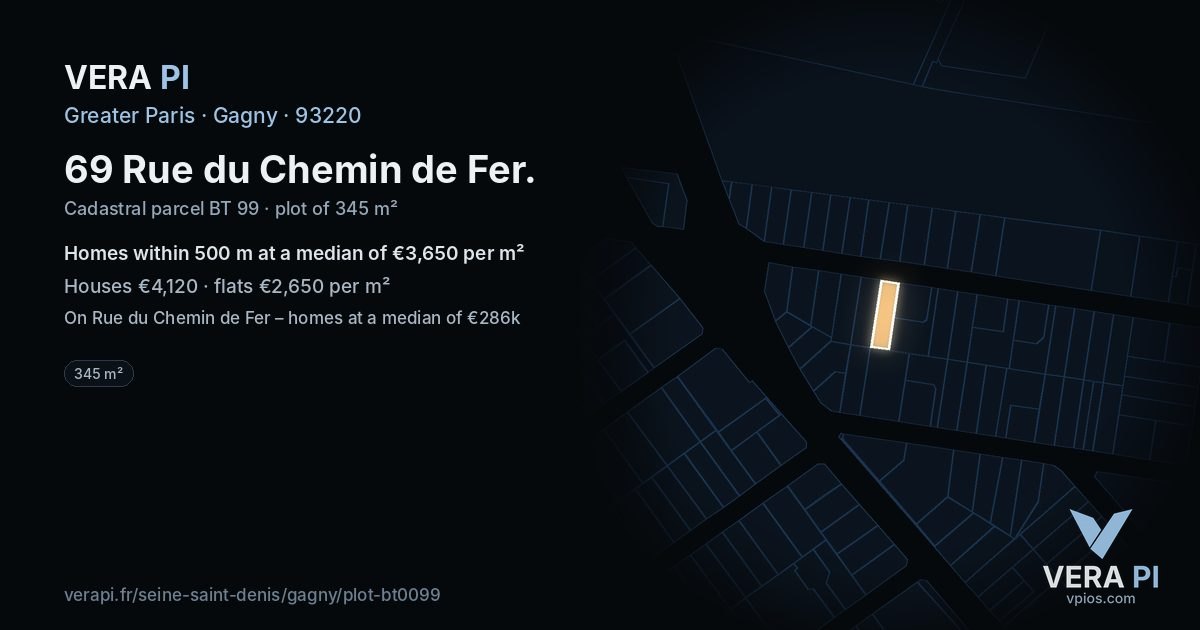 69 Rue du Chemin de Fer, Gagny at night – the plot lit, the parcels around coloured by the prices near them