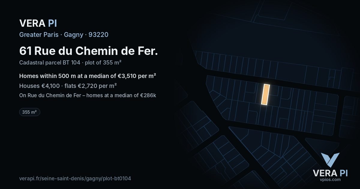 61 Rue du Chemin de Fer, Gagny at night – the plot lit, the parcels around coloured by the prices near them