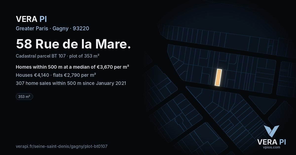 58 Rue de la Mare, Gagny at night – the plot lit, the parcels around coloured by the prices near them