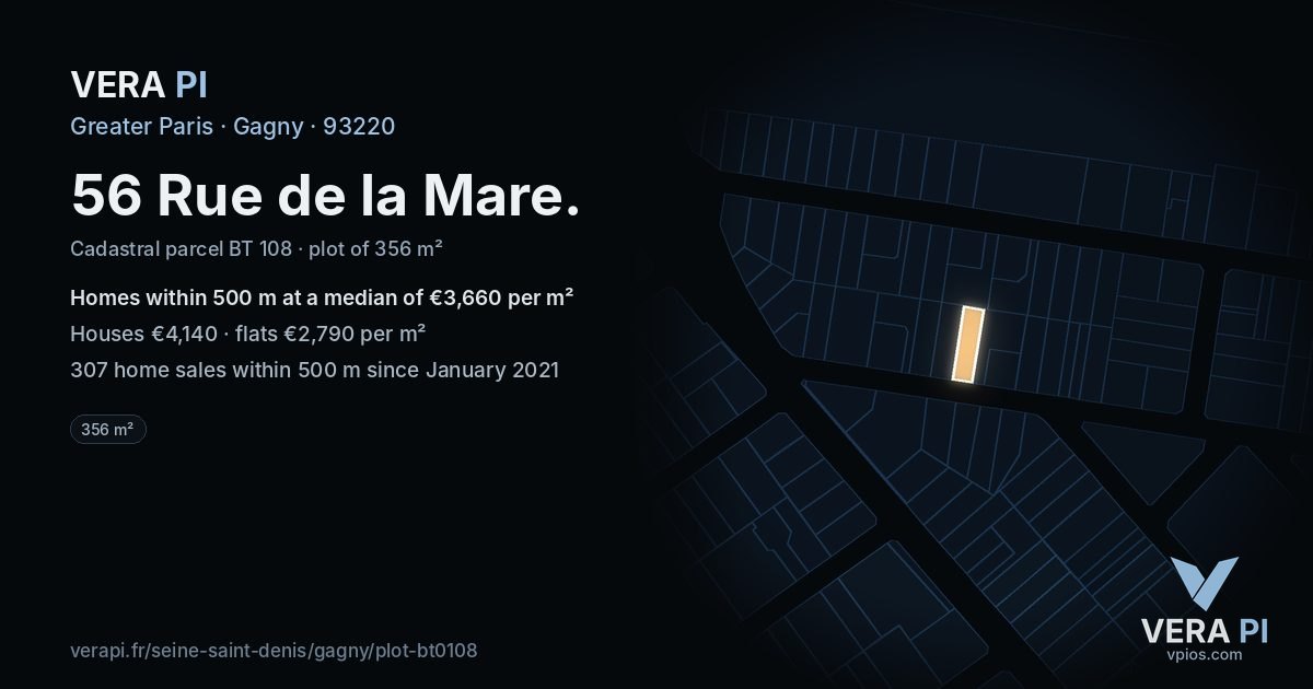 56 Rue de la Mare, Gagny at night – the plot lit, the parcels around coloured by the prices near them
