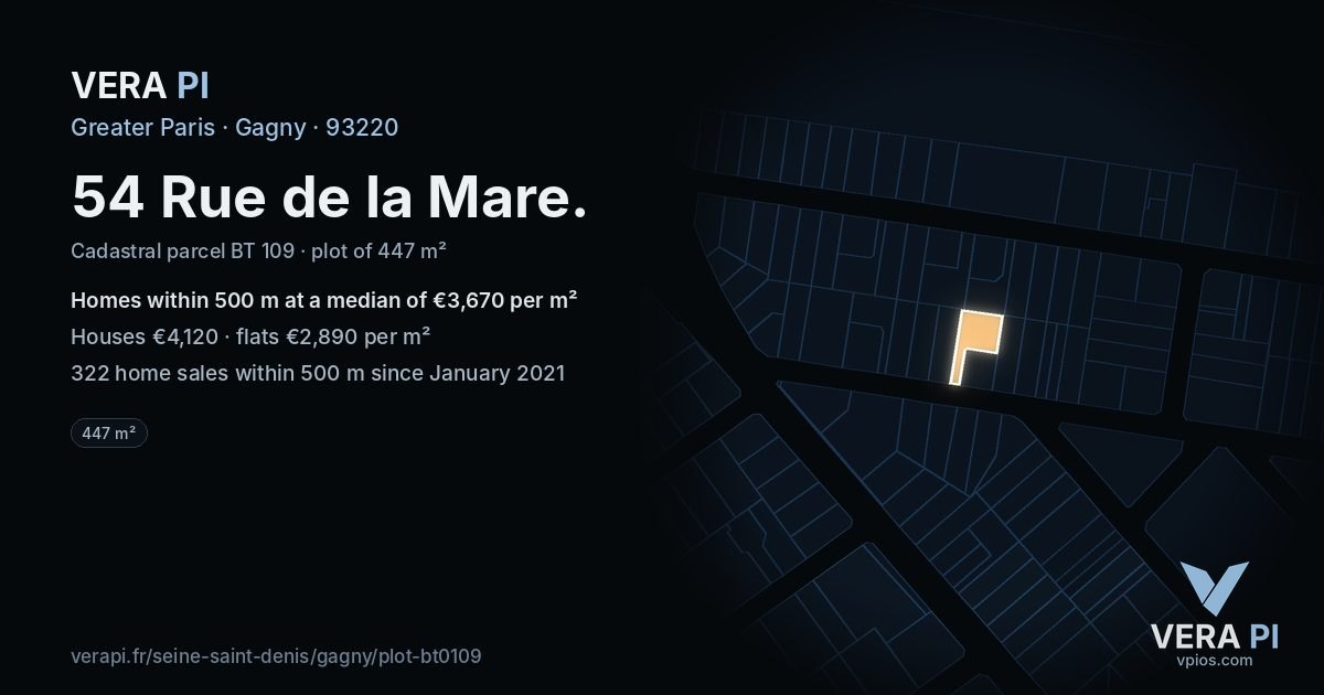 54 Rue de la Mare, Gagny at night – the plot lit, the parcels around coloured by the prices near them