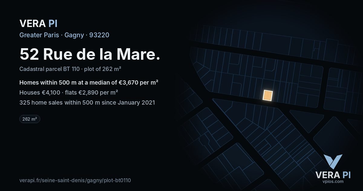 52 Rue de la Mare, Gagny at night – the plot lit, the parcels around coloured by the prices near them