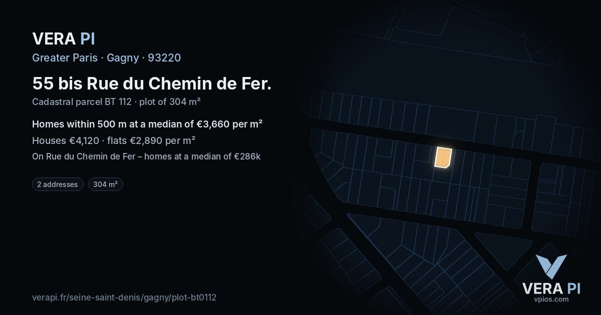 55 bis Rue du Chemin de Fer, Gagny at night – the plot lit, the parcels around coloured by the prices near them