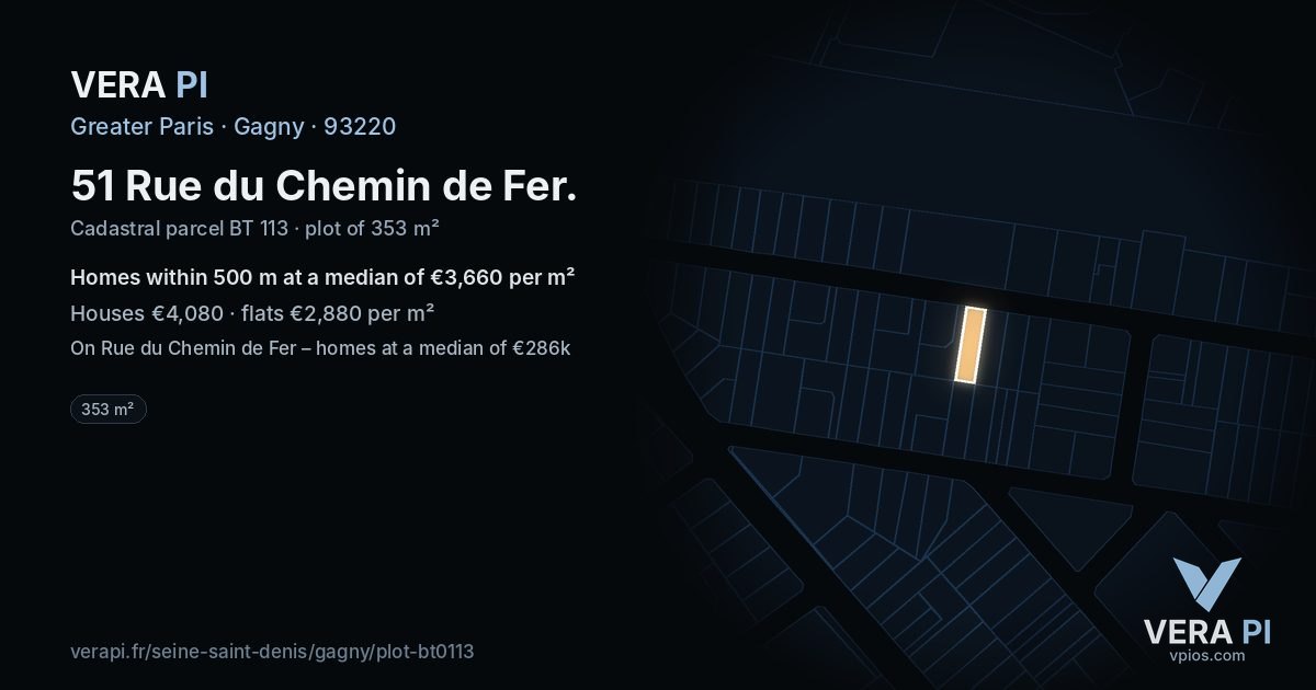 51 Rue du Chemin de Fer, Gagny at night – the plot lit, the parcels around coloured by the prices near them