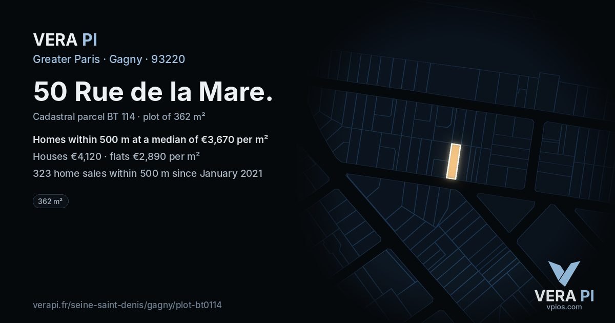 50 Rue de la Mare, Gagny at night – the plot lit, the parcels around coloured by the prices near them