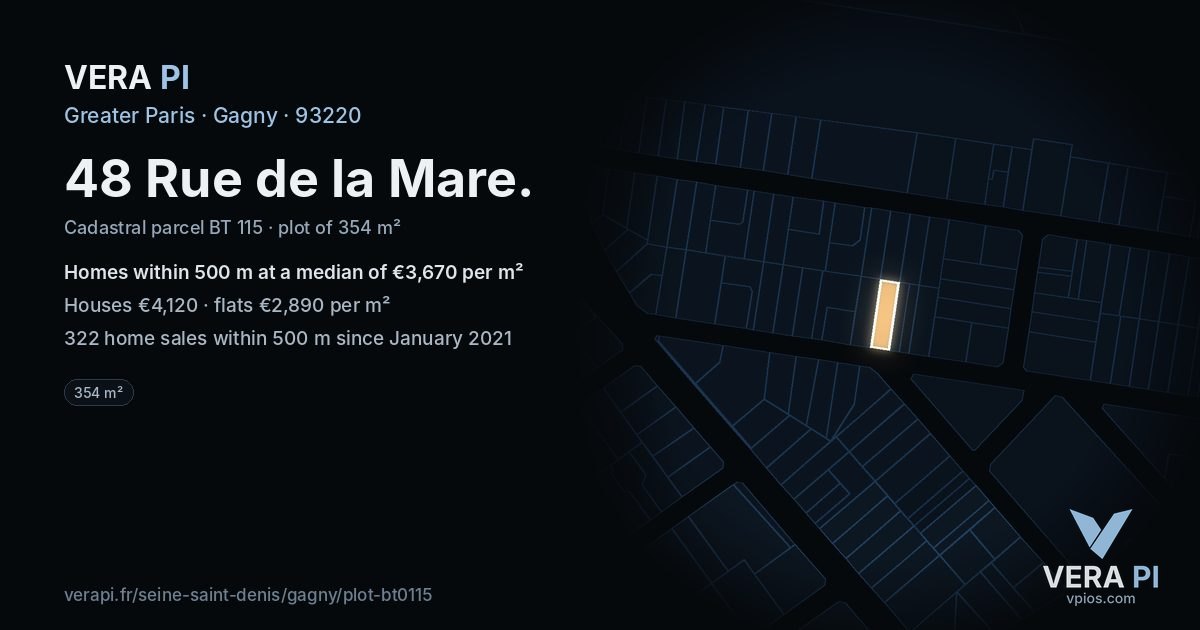 48 Rue de la Mare, Gagny at night – the plot lit, the parcels around coloured by the prices near them