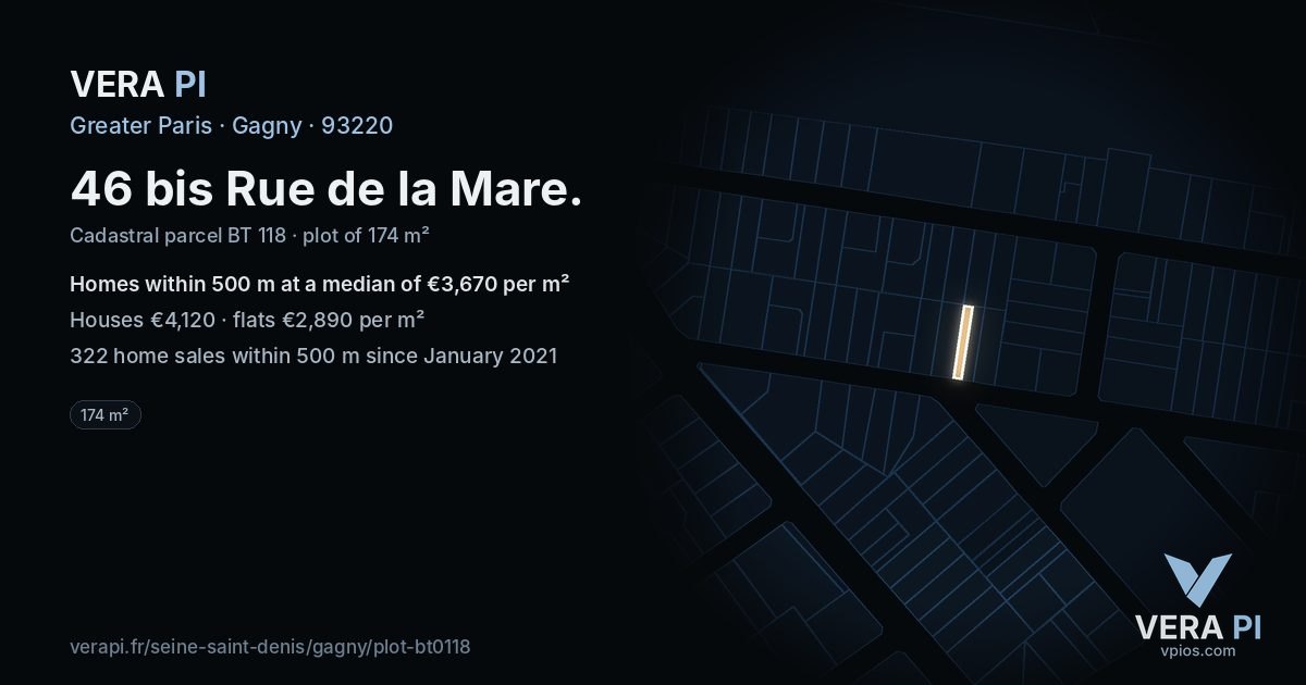 46 bis Rue de la Mare, Gagny at night – the plot lit, the parcels around coloured by the prices near them