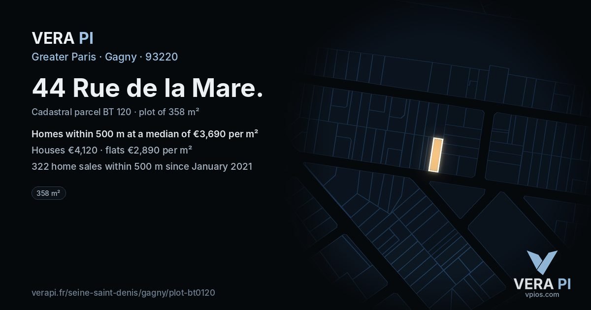 44 Rue de la Mare, Gagny at night – the plot lit, the parcels around coloured by the prices near them