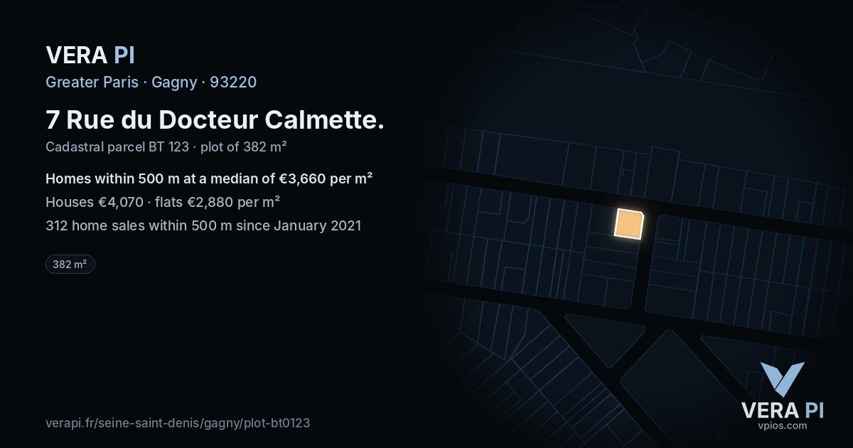 7 Rue du Docteur Calmette, Gagny at night – the plot lit, the parcels around coloured by the prices near them
