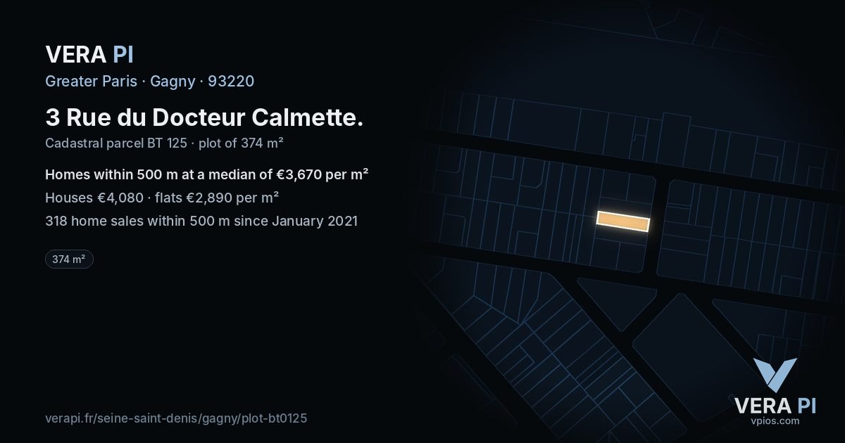 3 Rue du Docteur Calmette, Gagny at night – the plot lit, the parcels around coloured by the prices near them