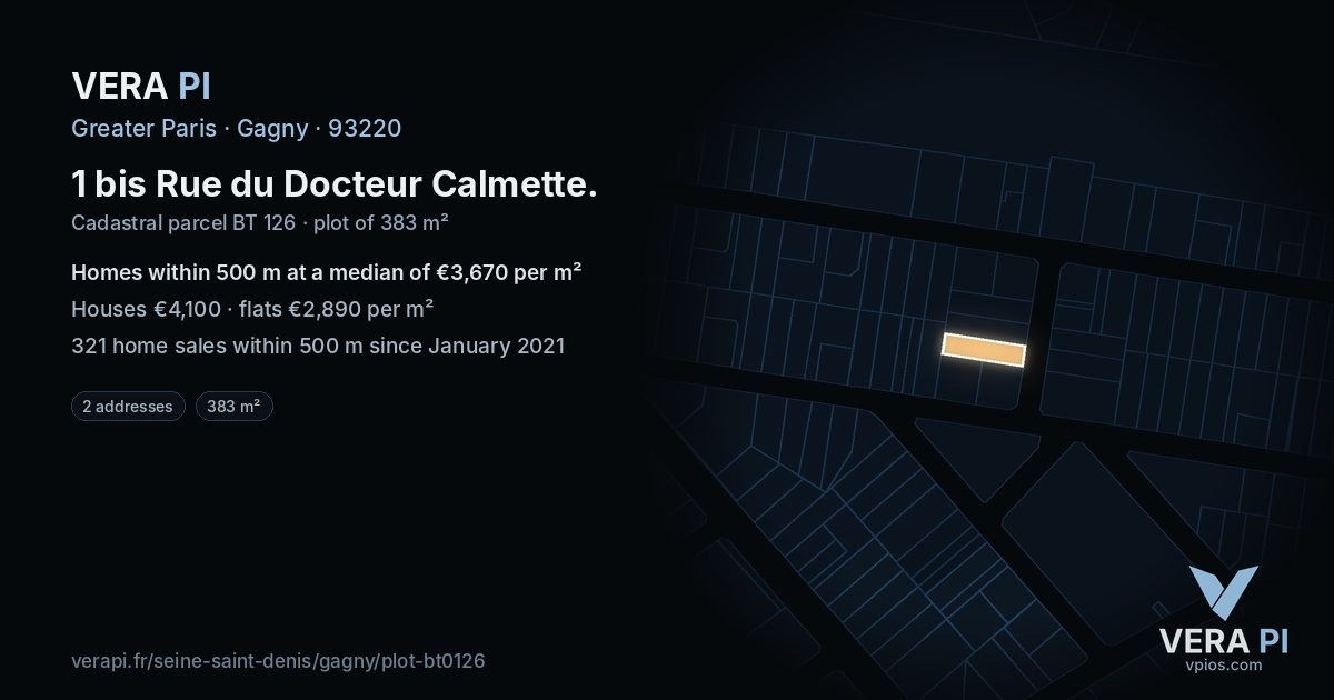 1 bis Rue du Docteur Calmette, Gagny at night – the plot lit, the parcels around coloured by the prices near them