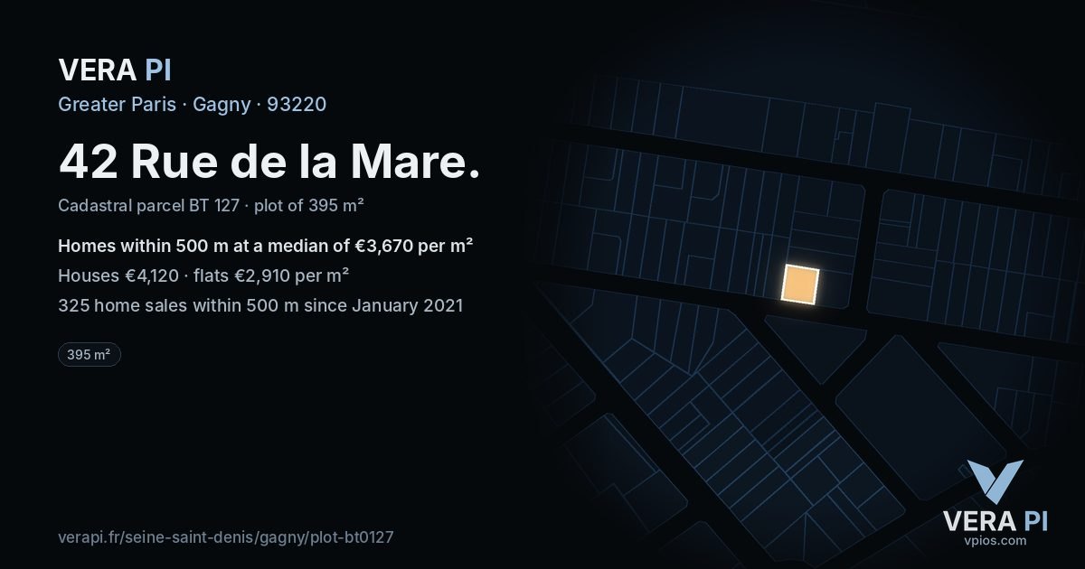 42 Rue de la Mare, Gagny at night – the plot lit, the parcels around coloured by the prices near them
