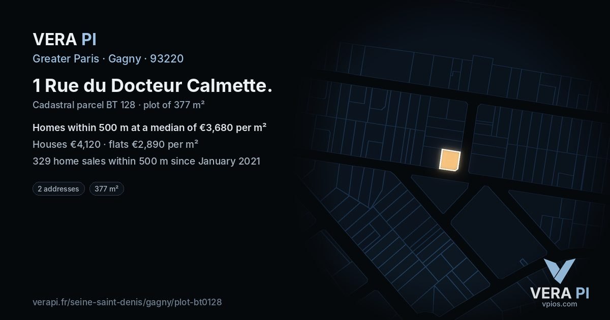 1 Rue du Docteur Calmette, Gagny at night – the plot lit, the parcels around coloured by the prices near them