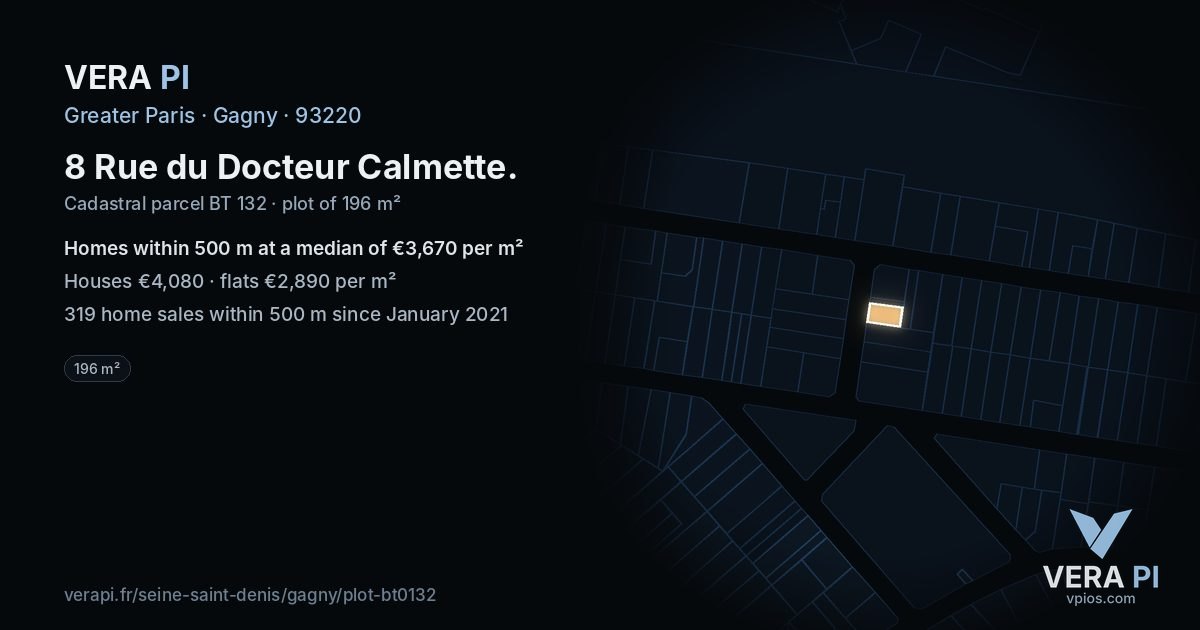 8 Rue du Docteur Calmette, Gagny at night – the plot lit, the parcels around coloured by the prices near them