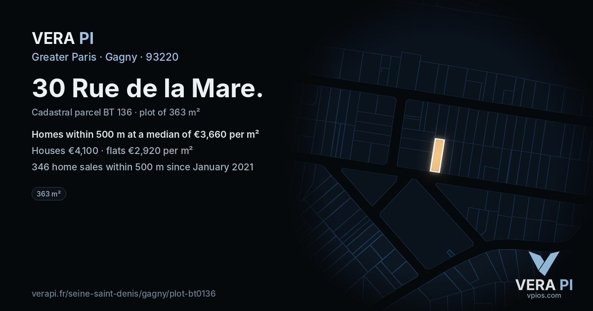 30 Rue de la Mare, Gagny at night – the plot lit, the parcels around coloured by the prices near them