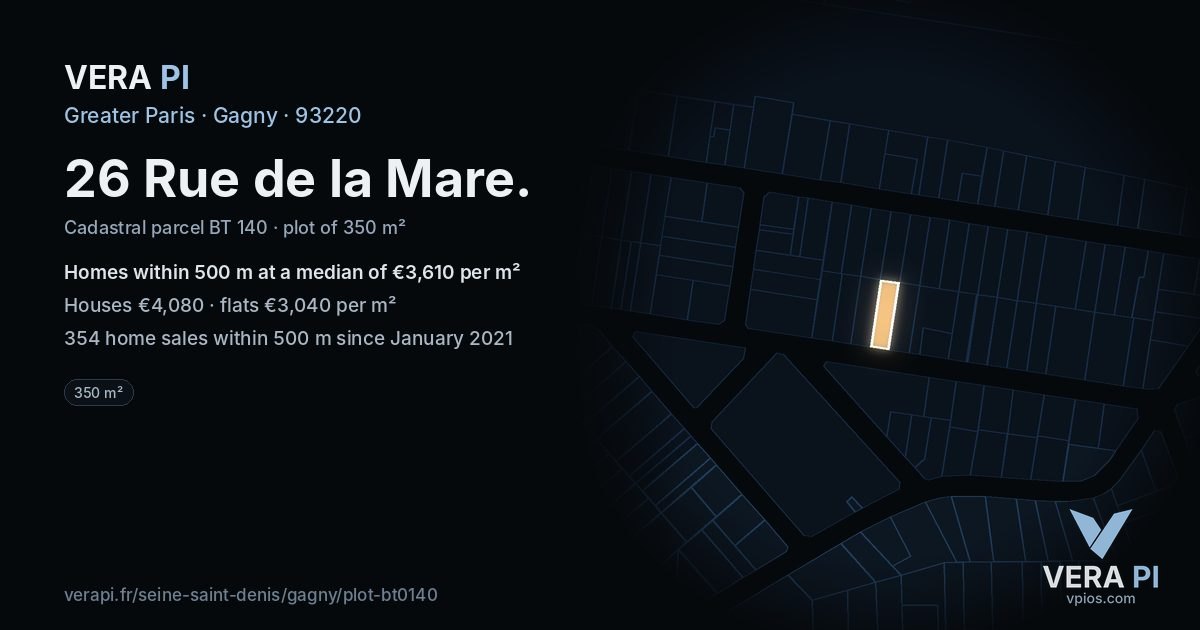 26 Rue de la Mare, Gagny at night – the plot lit, the parcels around coloured by the prices near them