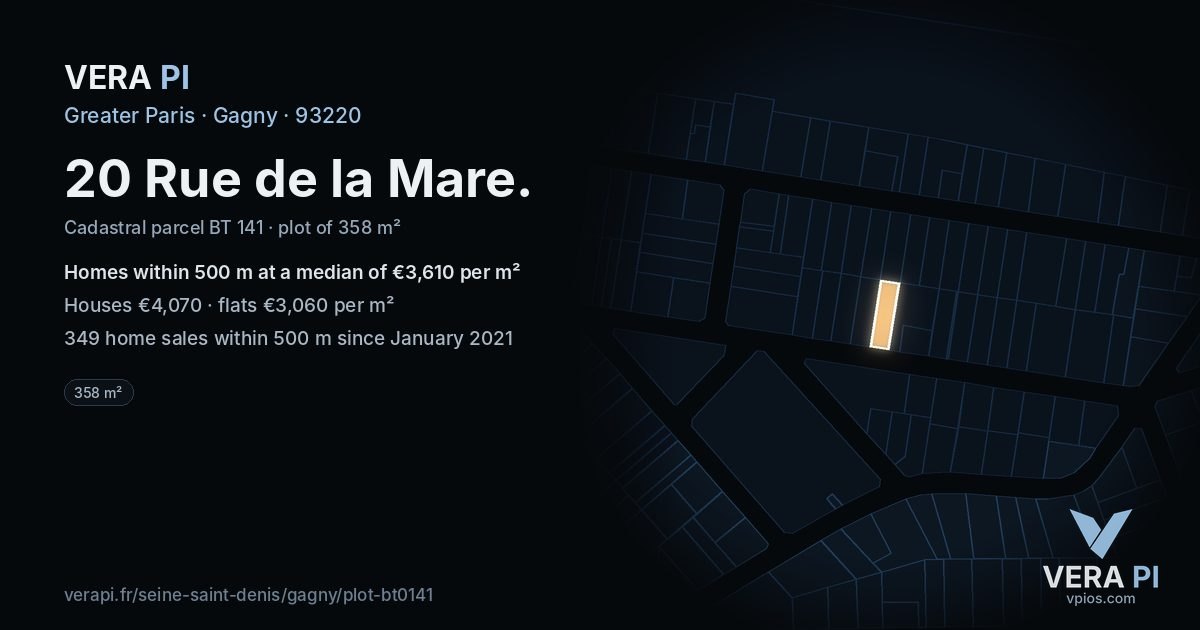 20 Rue de la Mare, Gagny at night – the plot lit, the parcels around coloured by the prices near them