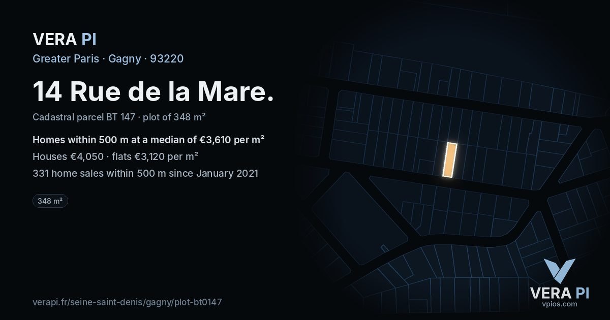 14 Rue de la Mare, Gagny at night – the plot lit, the parcels around coloured by the prices near them