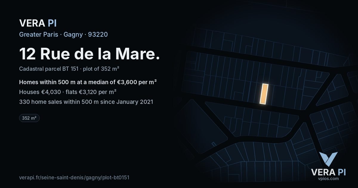 12 Rue de la Mare, Gagny at night – the plot lit, the parcels around coloured by the prices near them