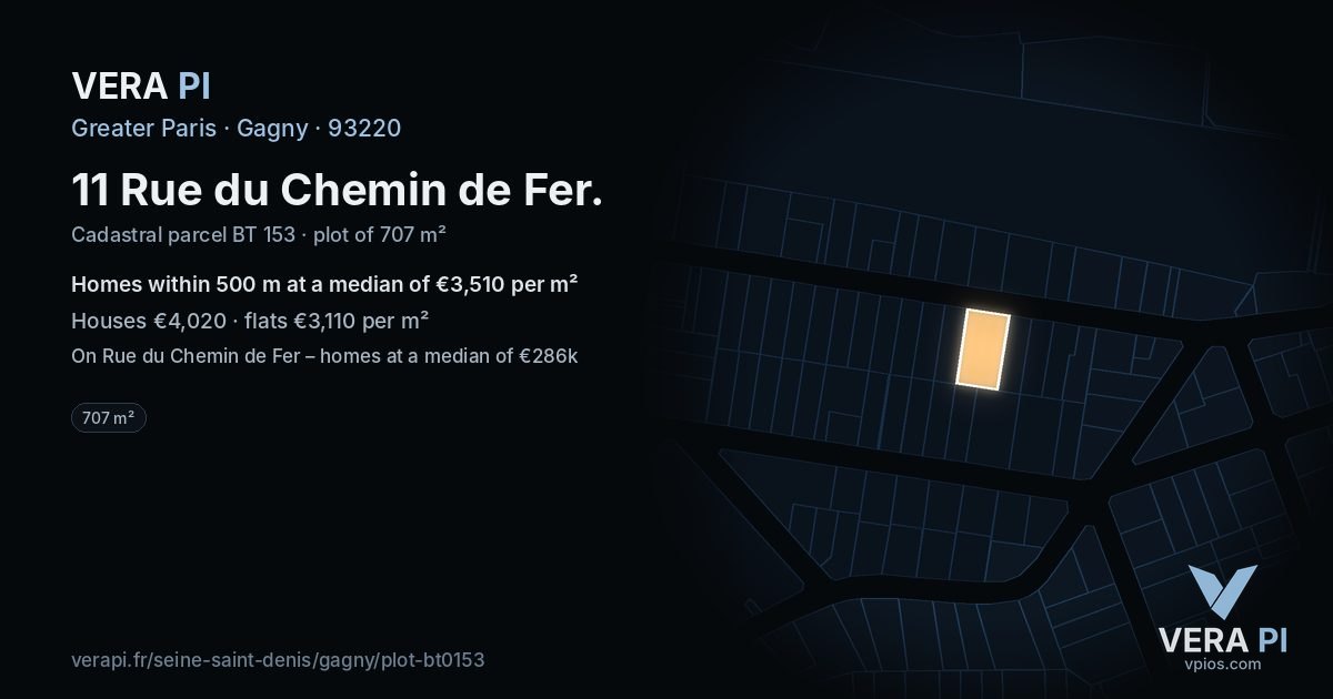 11 Rue du Chemin de Fer, Gagny at night – the plot lit, the parcels around coloured by the prices near them