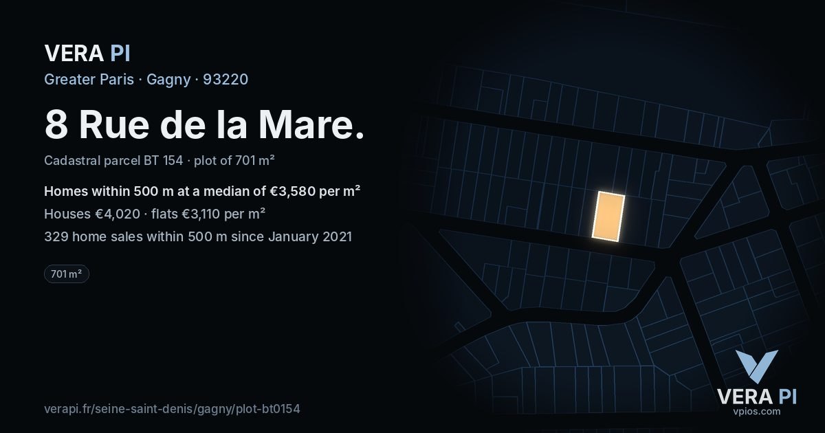 8 Rue de la Mare, Gagny at night – the plot lit, the parcels around coloured by the prices near them