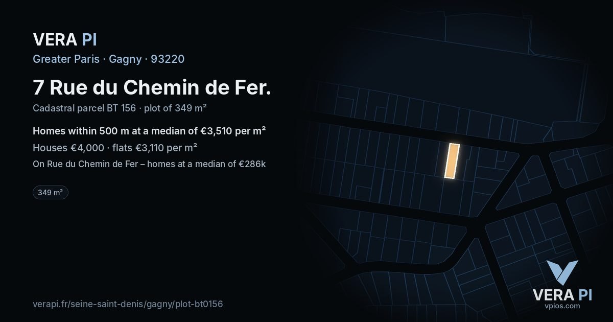 7 Rue du Chemin de Fer, Gagny at night – the plot lit, the parcels around coloured by the prices near them
