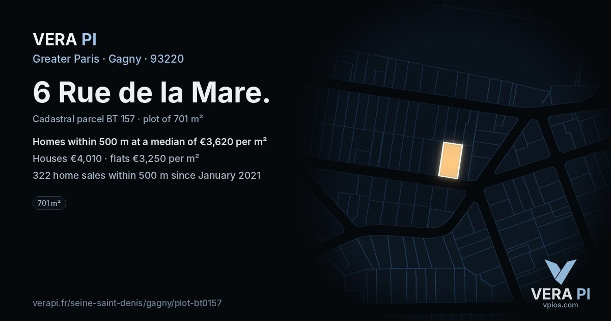 6 Rue de la Mare, Gagny at night – the plot lit, the parcels around coloured by the prices near them