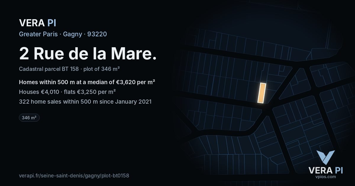 2 Rue de la Mare, Gagny at night – the plot lit, the parcels around coloured by the prices near them