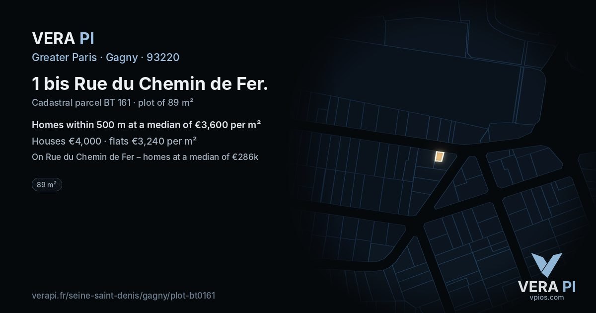 1 bis Rue du Chemin de Fer, Gagny at night – the plot lit, the parcels around coloured by the prices near them