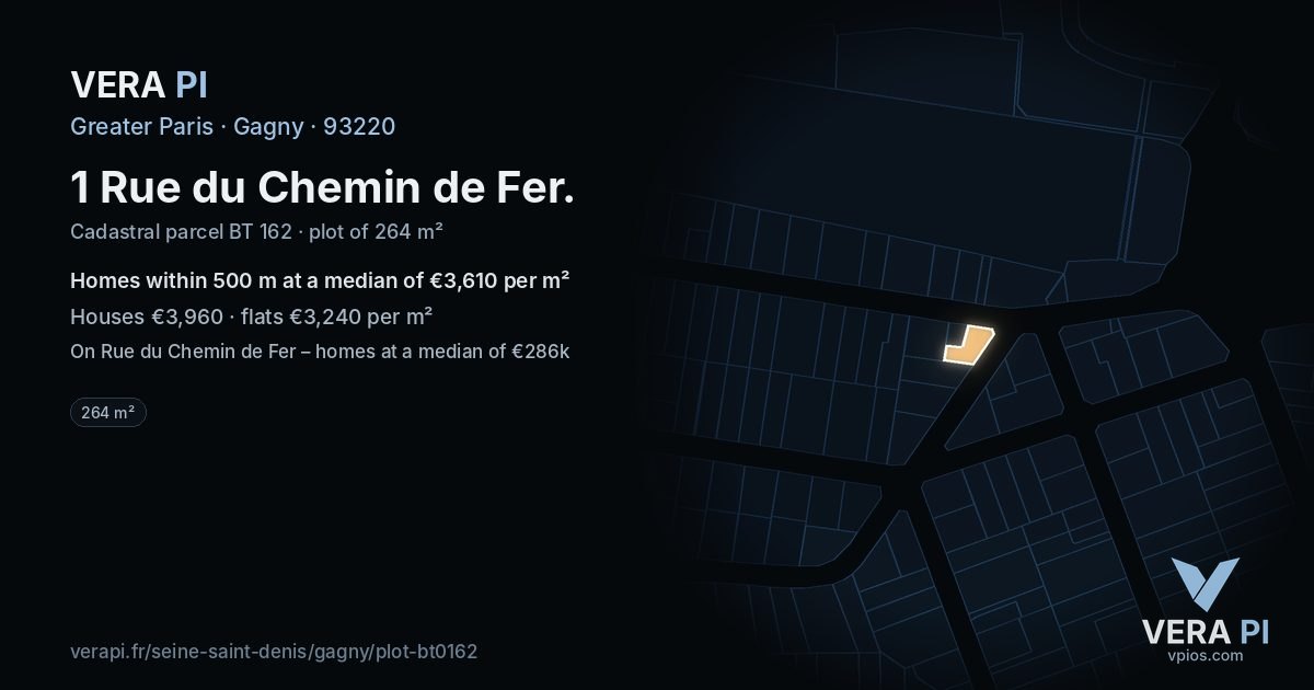 1 Rue du Chemin de Fer, Gagny at night – the plot lit, the parcels around coloured by the prices near them