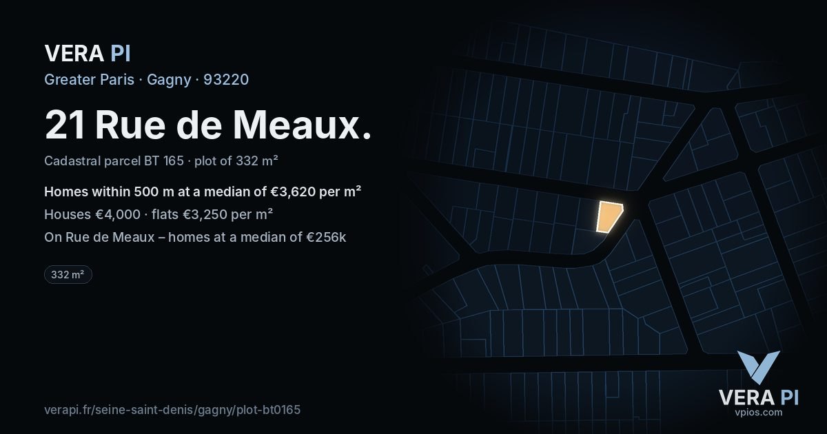21 Rue de Meaux, Gagny at night – the plot lit, the parcels around coloured by the prices near them