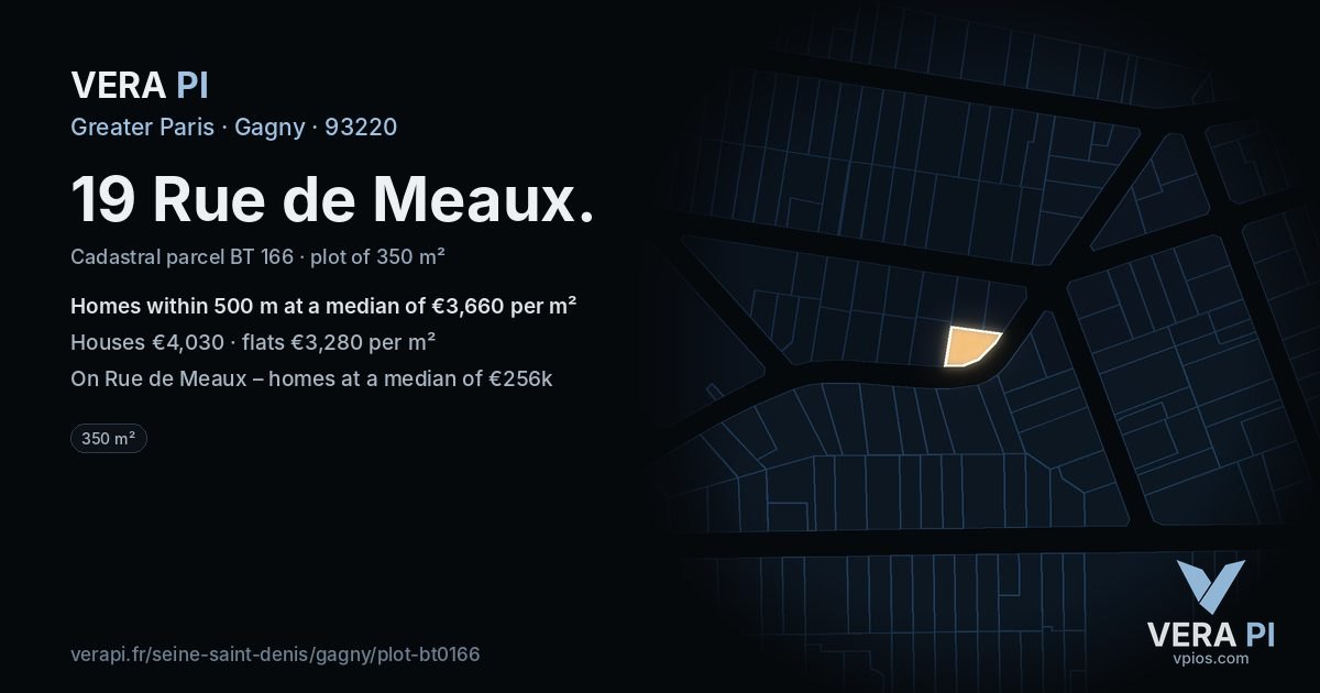 19 Rue de Meaux, Gagny at night – the plot lit, the parcels around coloured by the prices near them