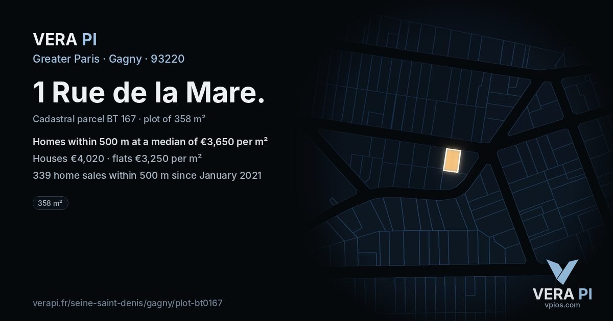 1 Rue de la Mare, Gagny at night – the plot lit, the parcels around coloured by the prices near them