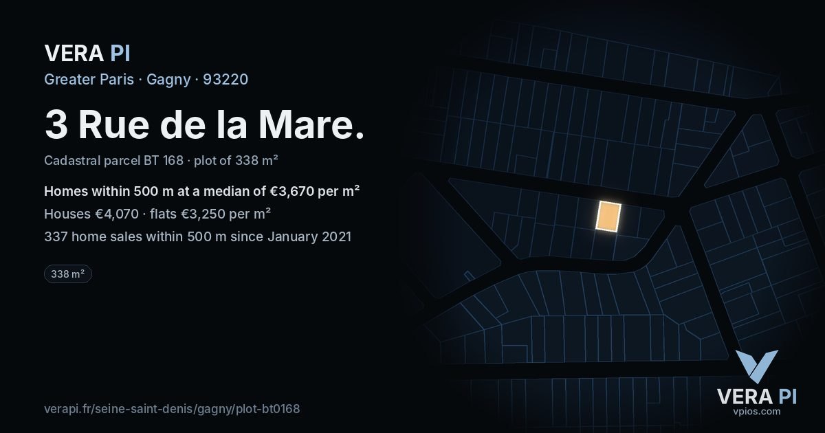 3 Rue de la Mare, Gagny at night – the plot lit, the parcels around coloured by the prices near them