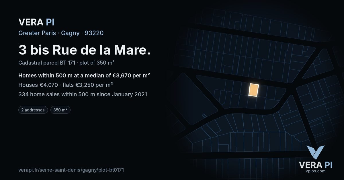 3 bis Rue de la Mare, Gagny at night – the plot lit, the parcels around coloured by the prices near them