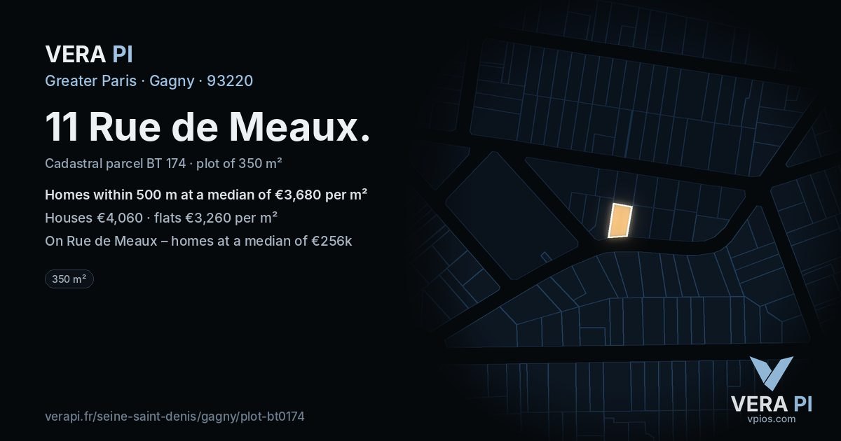 11 Rue de Meaux, Gagny at night – the plot lit, the parcels around coloured by the prices near them