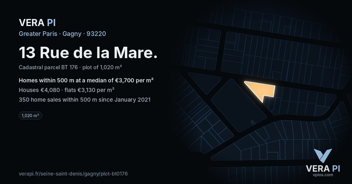 13 Rue de la Mare, Gagny at night – the plot lit, the parcels around coloured by the prices near them