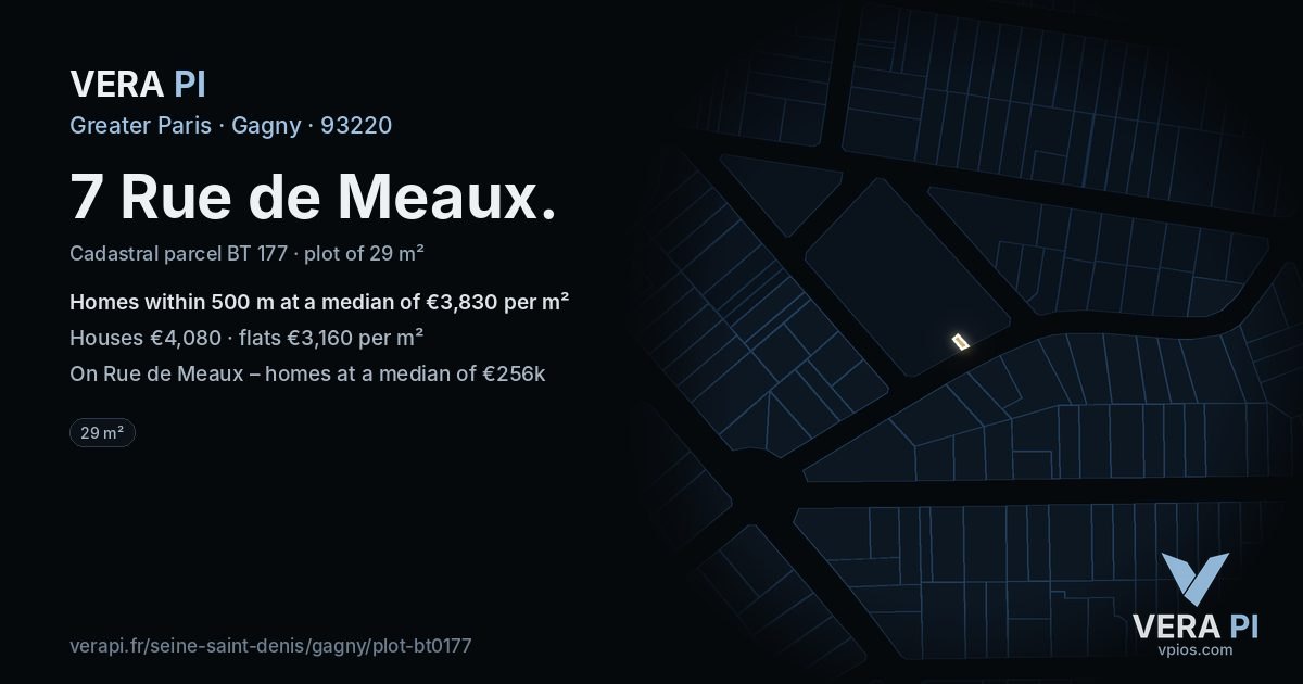 7 Rue de Meaux, Gagny at night – the plot lit, the parcels around coloured by the prices near them