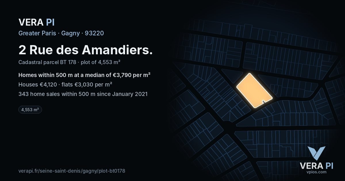 2 Rue des Amandiers, Gagny at night – the plot lit, the parcels around coloured by the prices near them