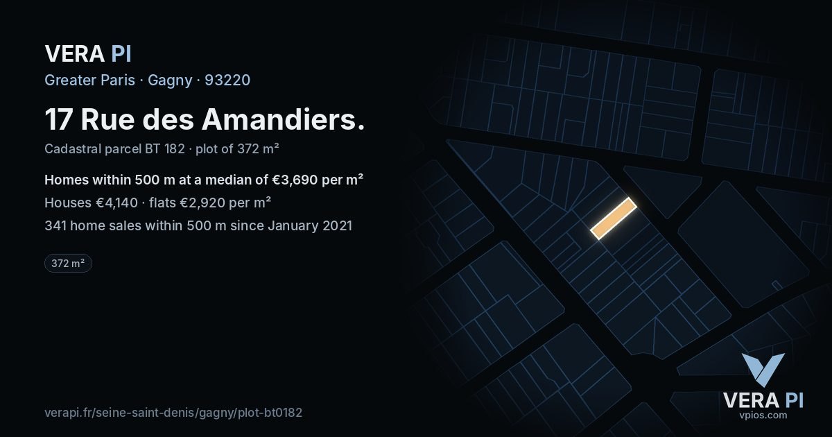 17 Rue des Amandiers, Gagny at night – the plot lit, the parcels around coloured by the prices near them